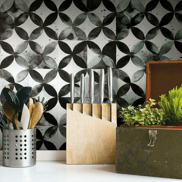 shiyou-RMK11353RL Paul Brent Moroccan Tile Peel and Stick Wallpaper, Black