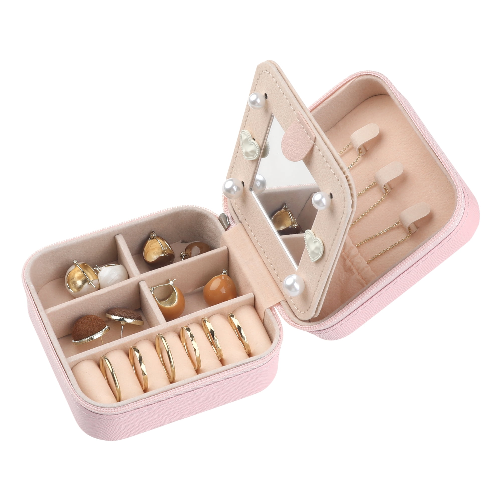 Unique Bargains Jewelry Boxes with Mirror Mini Portable PU Leather Jewelry Organizer Case Pink Letter J