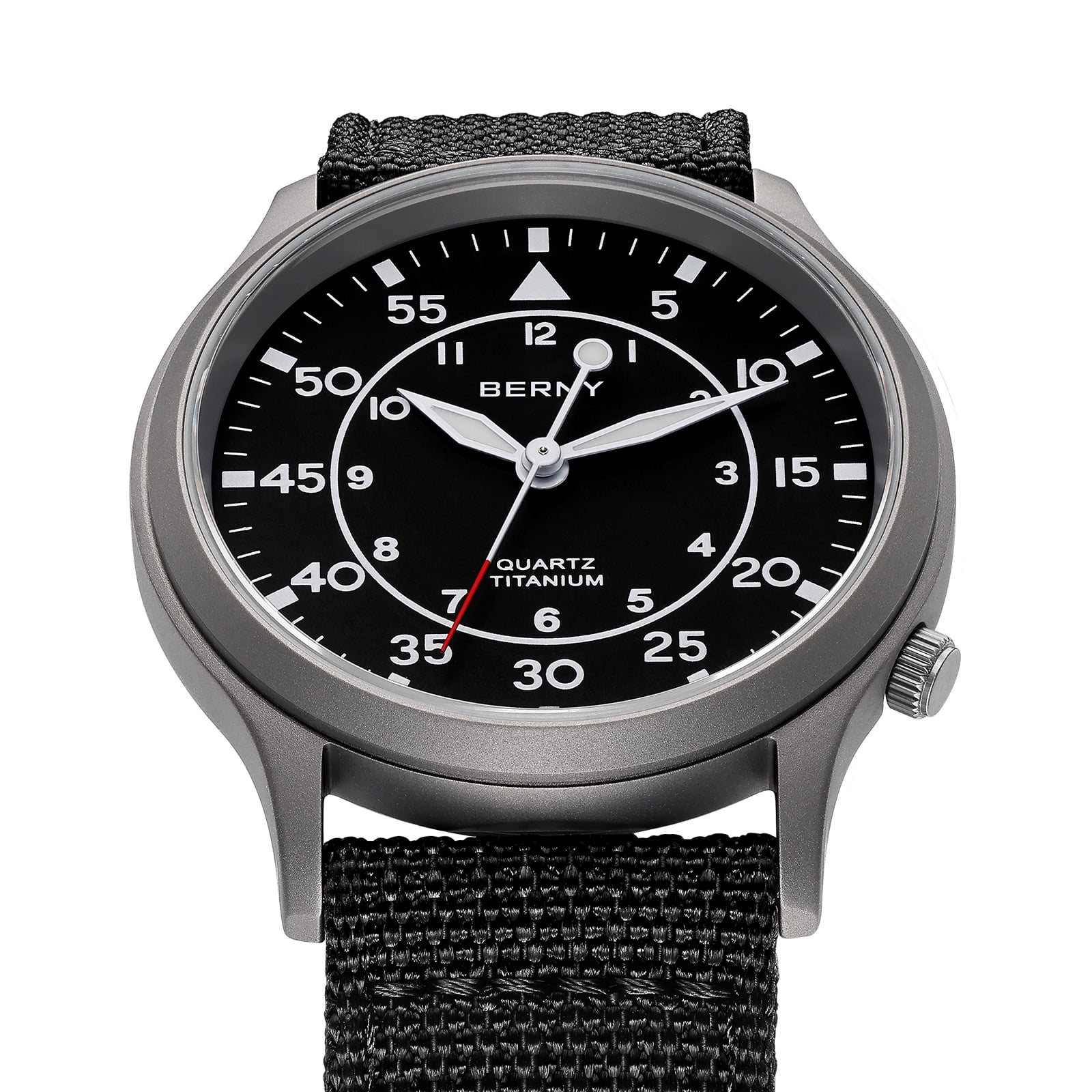 BERNY Titanium Watches for Men, Sport Military Men Watch with Canvas Strap, Japanese Quartz Movement, Super Luminous, Fashion Men's Field Watch, Casual 5ATM Waterproof Army Wristwatch, Black