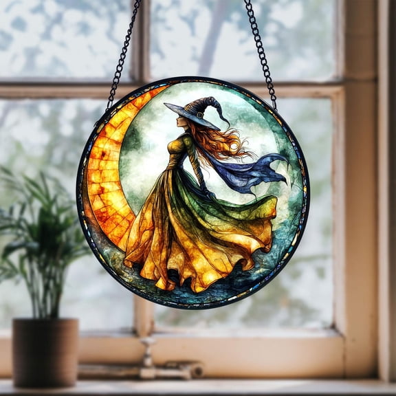 Halloween Witch With Moon Stained Glass Suncatcher, Witchy With Moon Window Hanging Decor, Gothic Home Decor, Unique Gifts for Halloween