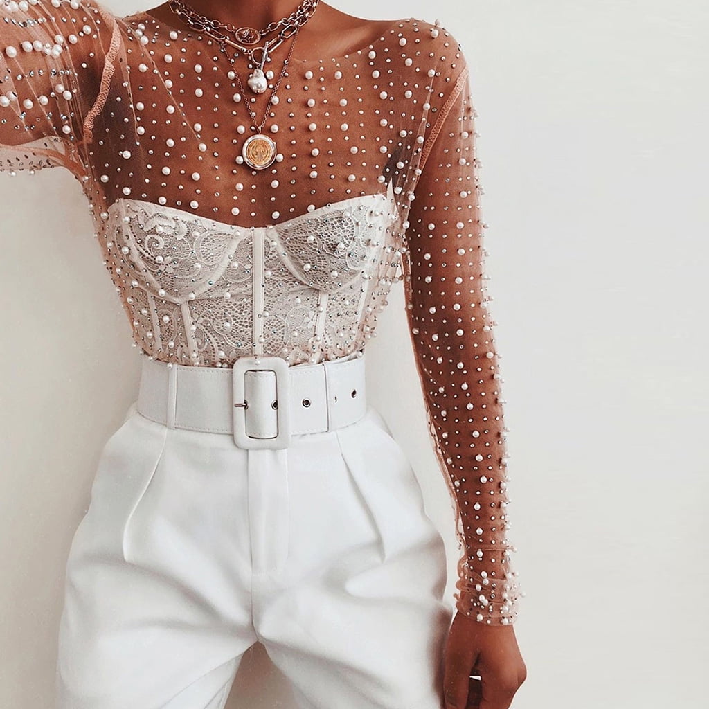 ZUARFY Womens Long Sleeve Sheer Mesh Crop Top Shiny Pearls