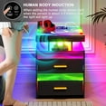thumbnail image 5 of HNEBC RGB LED Night Stand with Wireless Charging Station, Modern Bedside Table with Human Body Sensor Light, Smart Nightstand with Glass Panel for Bedroom Furniture, Remote Control Lighting (Black), 5 of 18