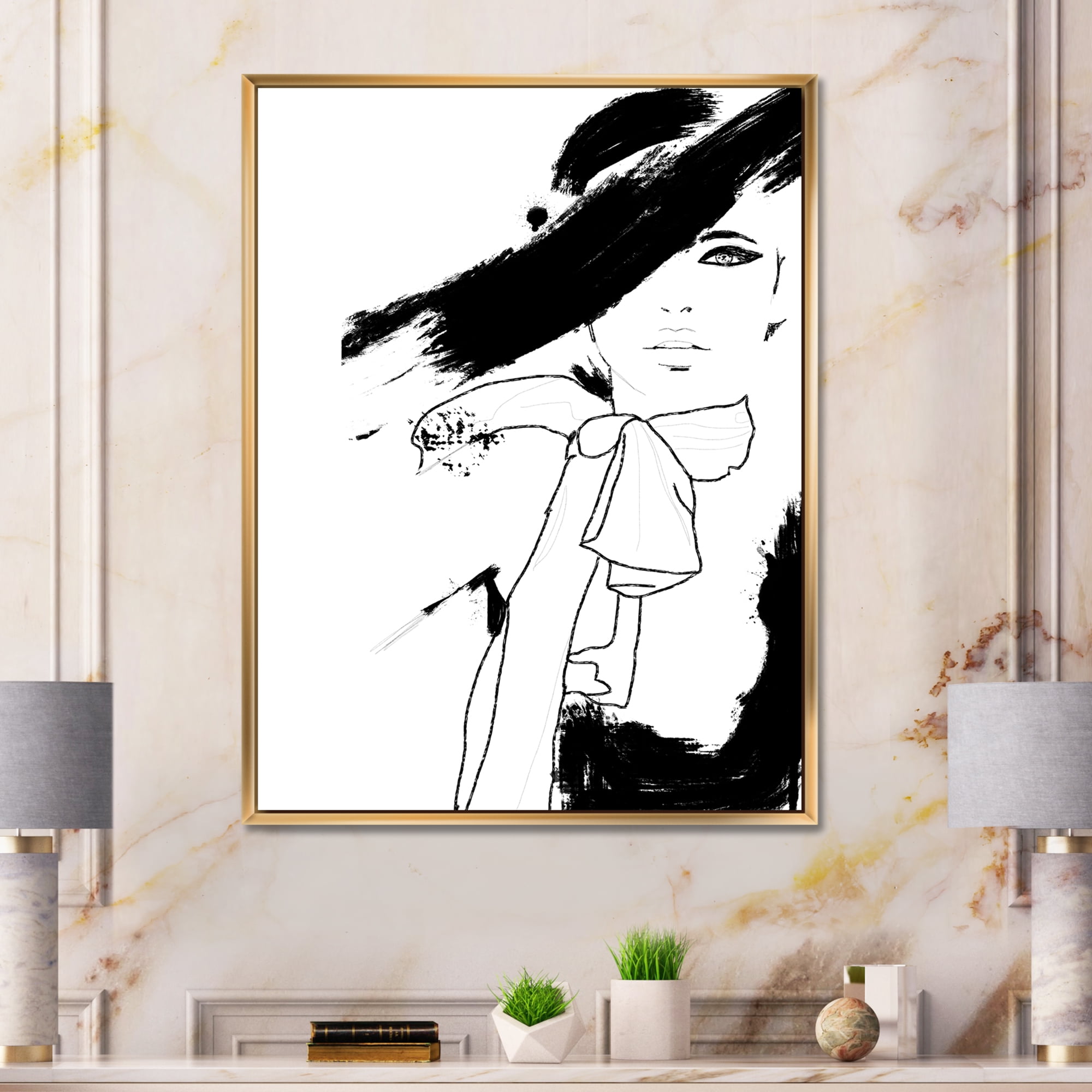Designart 'Beautiful Black and White Model Haute Couture Fashion Woman I' Modern Framed Canvas Wall Art Print