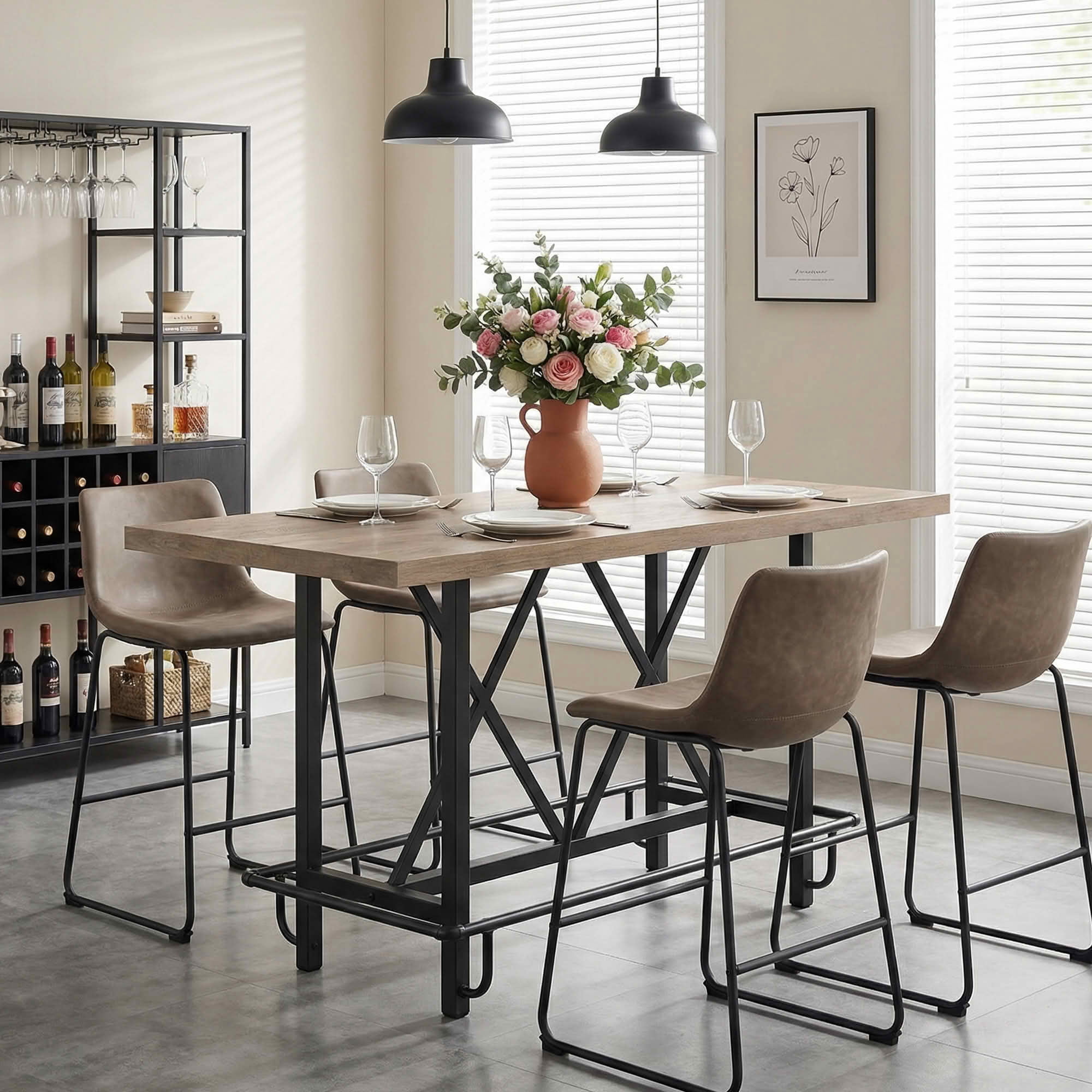 MAYEERTY 63" Counter Height Industrial Dining Table, 6-Seater Rustic Wooden Top & Metal Legs with Footrest, Multiuse Kitchen & Work Table