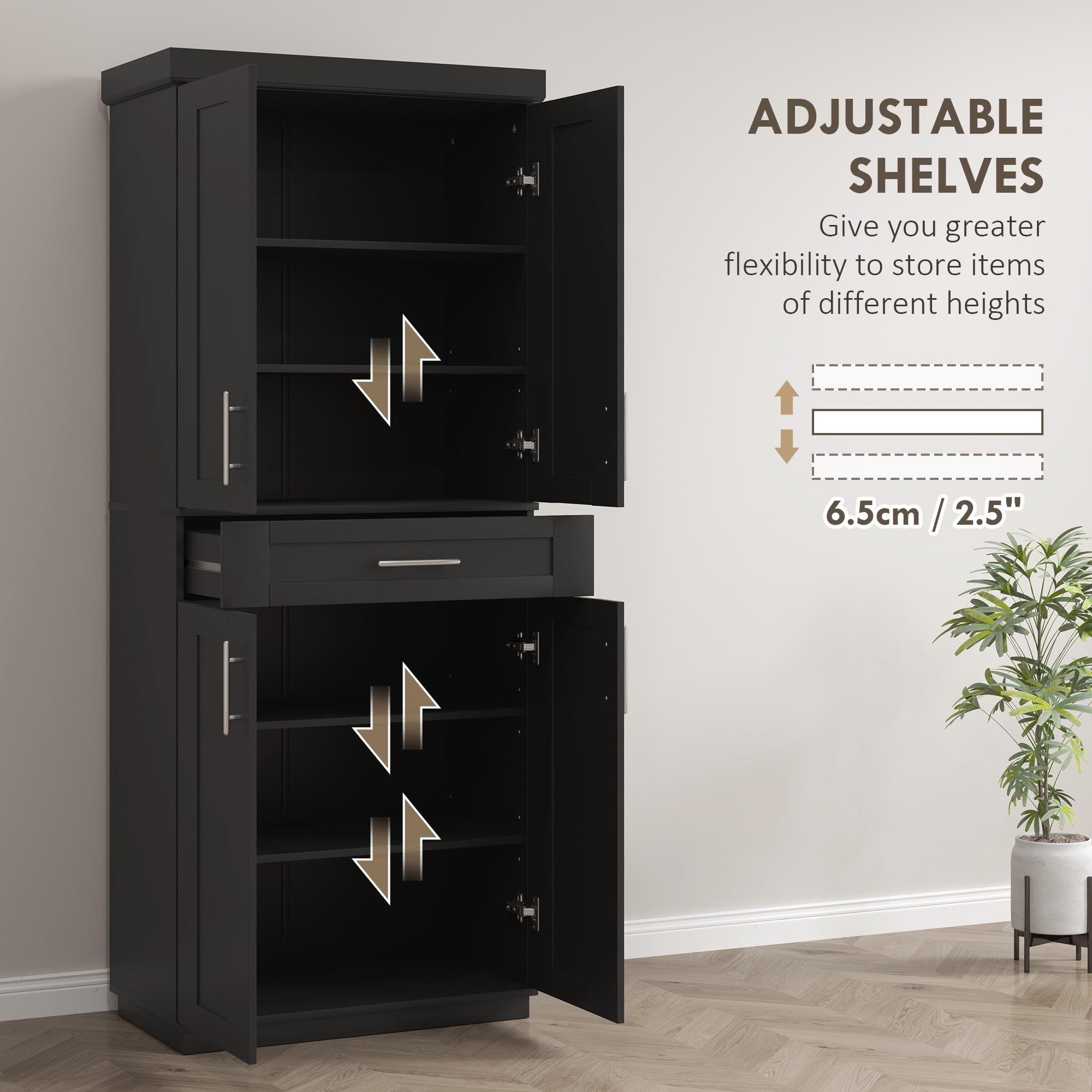 HOMCOM Tall Kitchen Pantry Freestanding Cabinet Cupboard with Doors and Drawer, Adjustable Shelving, Black