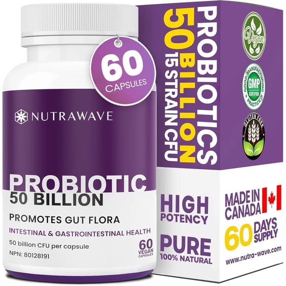 Nutrawave Daily Probiotic 50 Billion, 15 Strain Formula for Adult Digestive and Immune Support, 60 Count Capsules