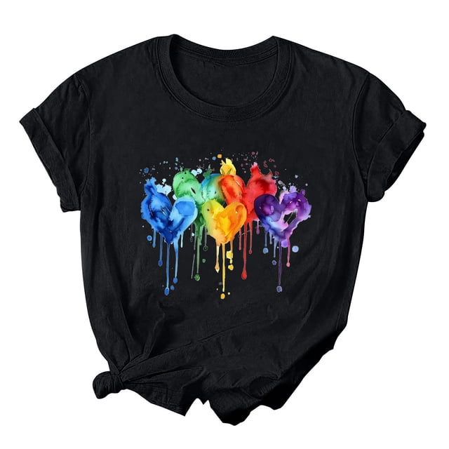 RKSTN Hauts pour Femmes LGBT Décontracté Coupe Ample Égalité Inspirante Hauts Été Mignon Cœur Imprimé Manches Courtes Col Rond Pride Shirt
