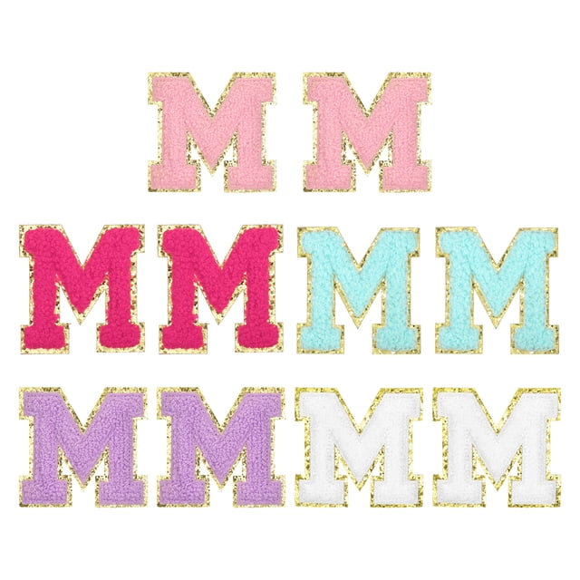 Parche de letras de chenilla autoadhesivas, pegatinas de alfabeto M para reparación de ropa (multicolor, paquete de 10)