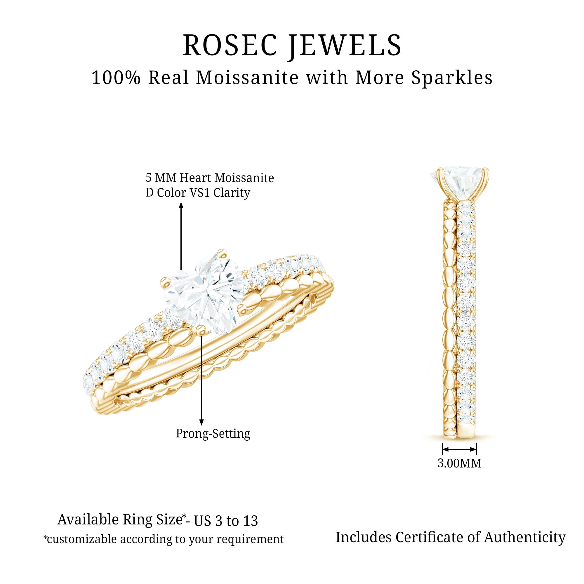 Rosec Jewels Certified Moissanite Heart Engagement Ring for Women - Designer Ring - 5 mm - D-VS1 Quality, 10K Yellow Gold, US 3.00
