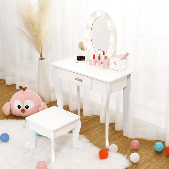 Bingirl Vanity Set with Mirror and Light Wooden Makeup Table and Stool