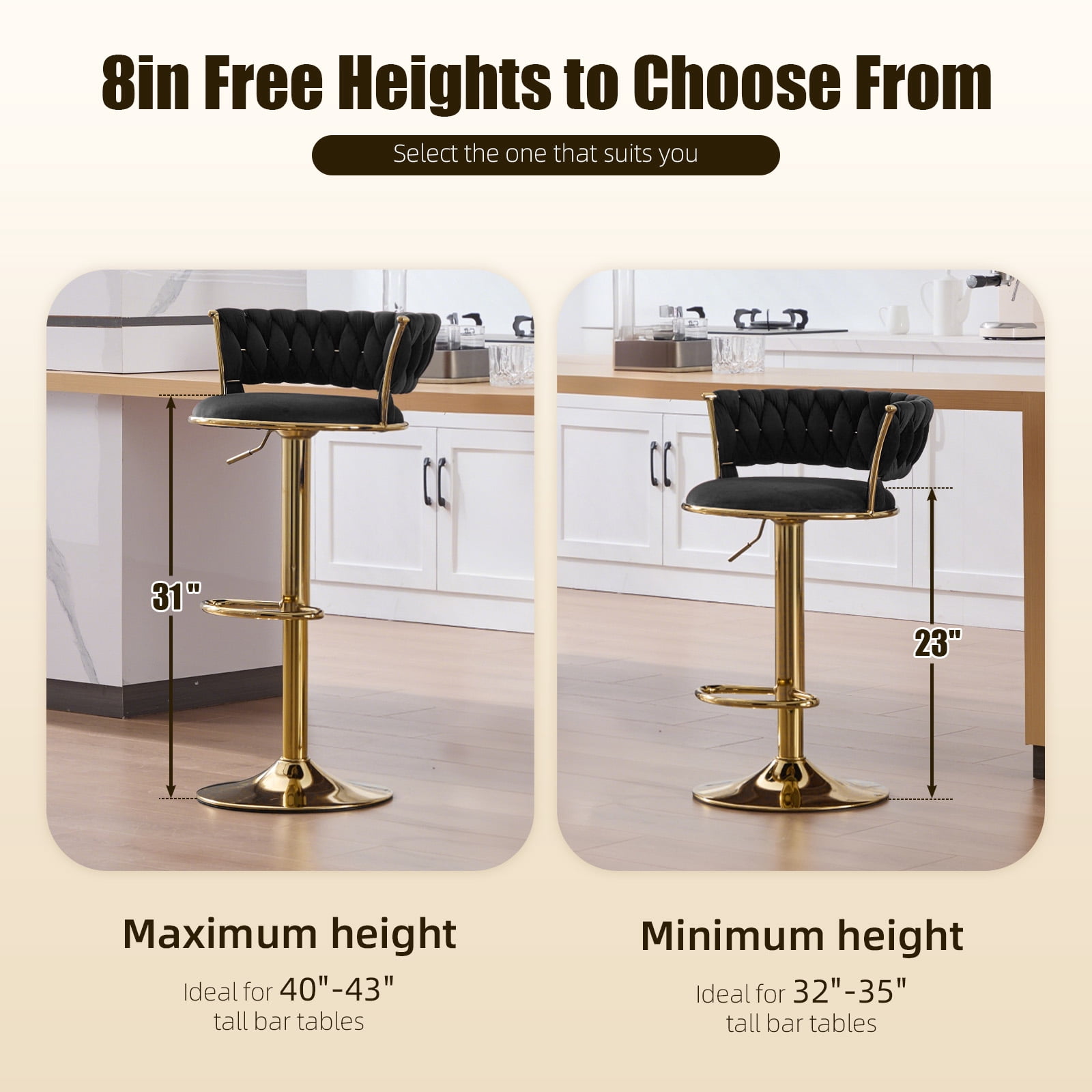 MOONMISS Bar Stools Set of 2, Adjustable Swivel Barstools, Velvet Counter Height Bar Chair with Back and Footrest for Kitchen Island Dining Room Café Pub,Black