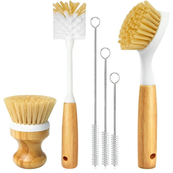 NSTB Dish Brush Scouring Pad Set with Bottle Brush, Dish Brush, Palm Scrub Brush and Straw Brush, Dish Scrubber Long Handle for Dish Bottle Cup Skillet , 6 Pack  Yellow