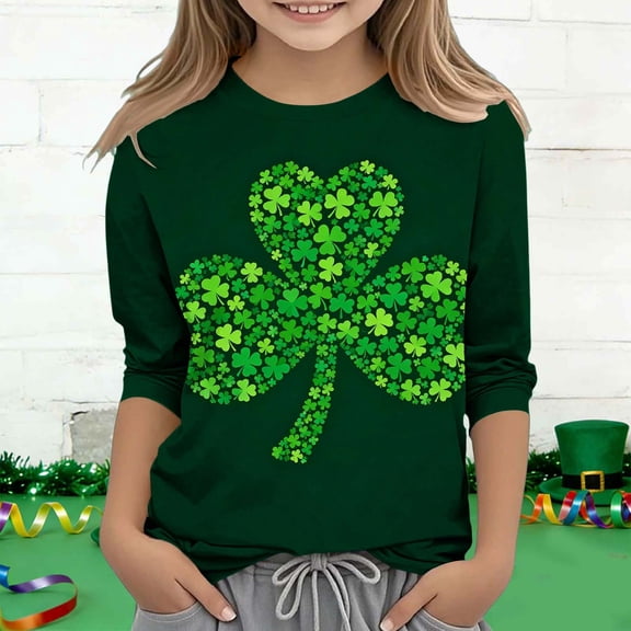 BaoFuBaoMei 3/4 Sleeve Fall Tops for Kids Girls St Patricks Day Green Shirt Slim Crew Neck Outfits for Irish Festival Themed Party