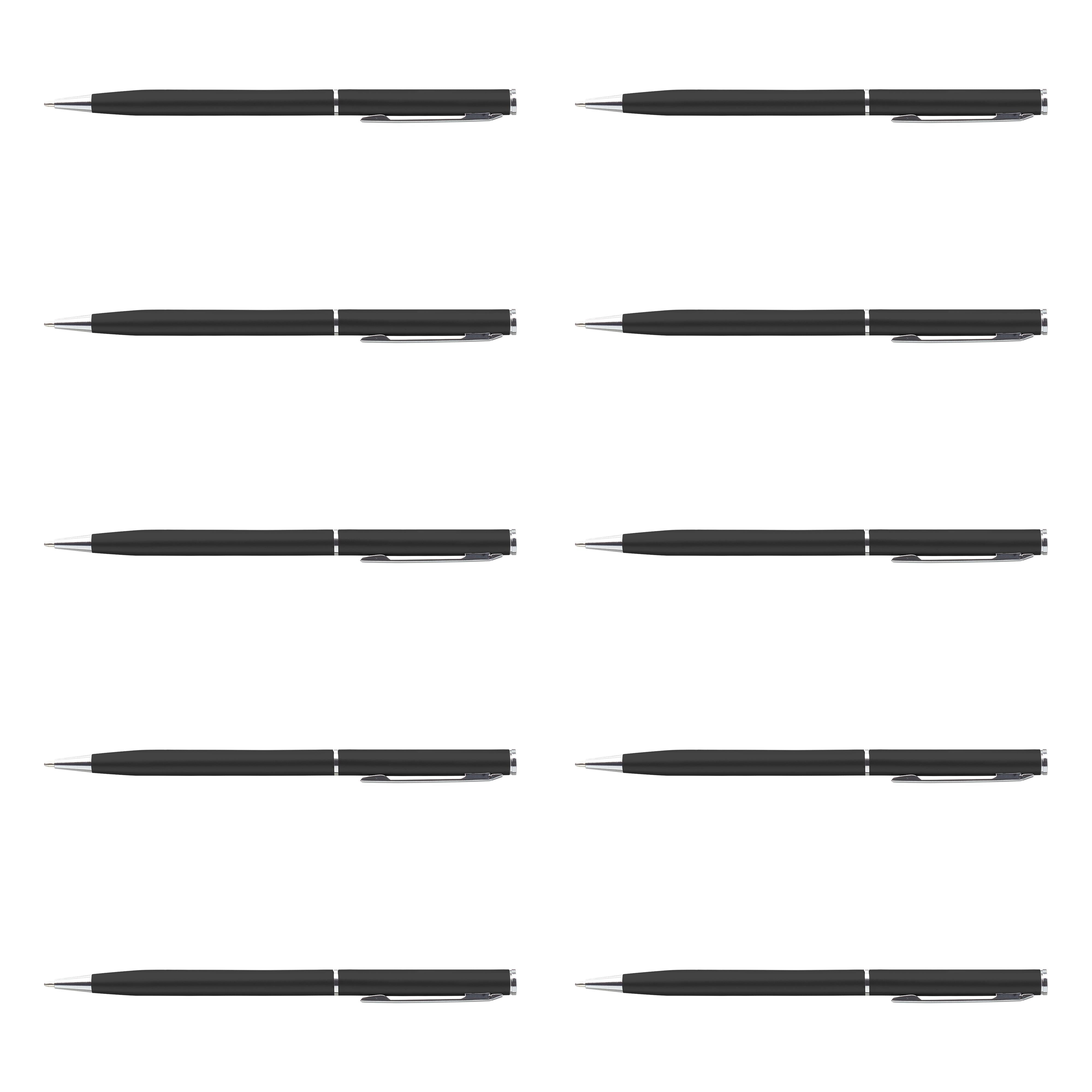 10 Skinny Ballpoint Metal Pens Pack Sleek, Twist Off, Black Ink