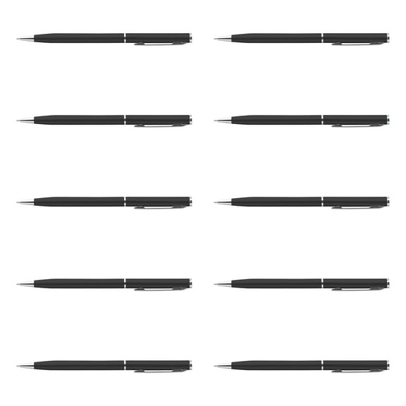 10 Skinny Ballpoint Metal Pens Pack - Sleek, Twist Off, Black Ink - Black