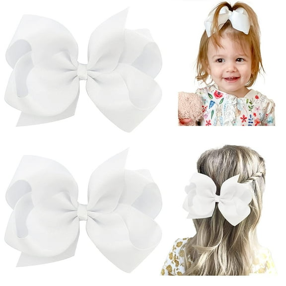 2 PCS 6" Big Hair Bows for Girls Alligator Clips Grosgrain Ribbon Solid Color Hair Accessories for Little Teen Toddler Girls Kids-White