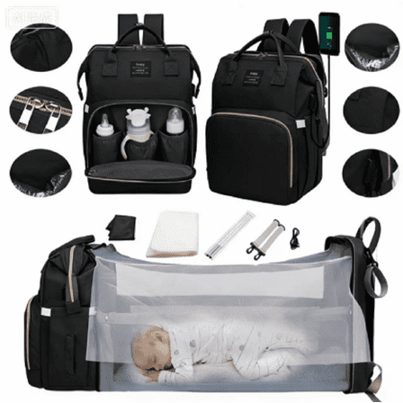Diaper bag large backpack, multifunctional baby diaper changing bag, with foldable crib and thermos bag, large capacity travel backpack, with USB charging port and baby carrier (black)