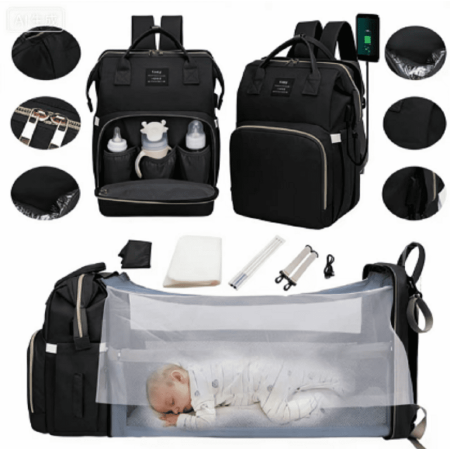 Diaper bag large backpack, multifunctional baby diaper changing bag, with foldable crib and thermos bag, large capacity travel backpack, with USB charging port and baby carrier (black)