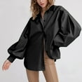 thumbnail image 2 of Women Lantern Sleeve Button Up Shirt Round Neck Long Sleeve Top Pure Color Loose Shirt for Commuting Black L, 2 of 7