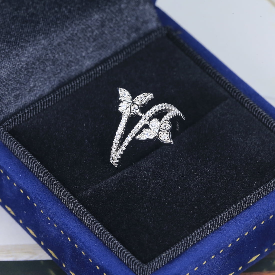 925 Sterling Silver Butterfly Ring for Women, Double Band Pavé Engagement Ring with Cubic Zirconia, Anniversary Wedding Jewelry with Drawer Style Box - Size 8