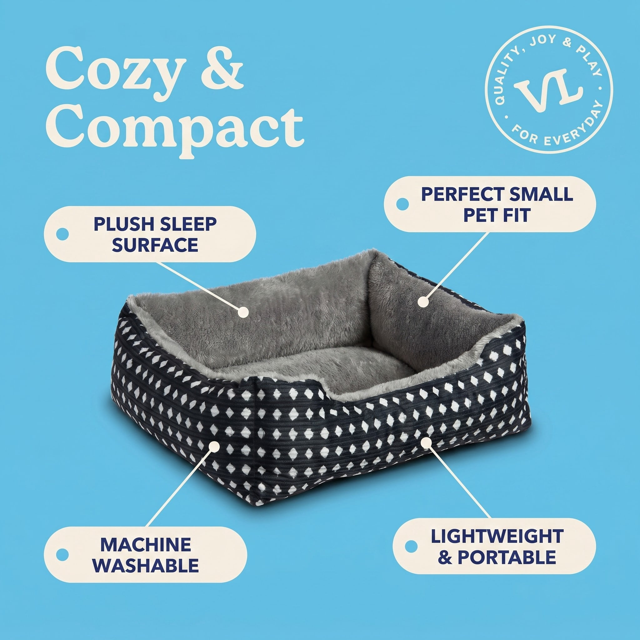 (4 pack) Vibrant Life Small Cuddler Pet Bed, Black and White Diamonds, 19" x 15"