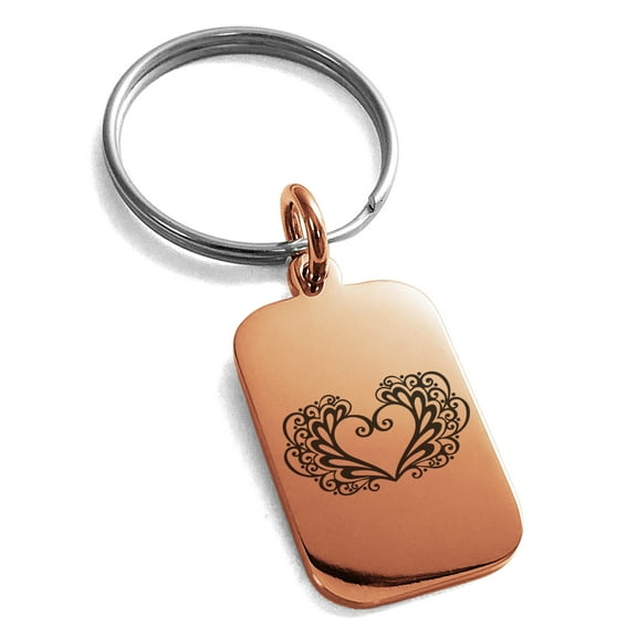 Stainless Steel Floral Filigree Heart Engraved Small Rectangle Dog Tag Charm Keychain Keyring