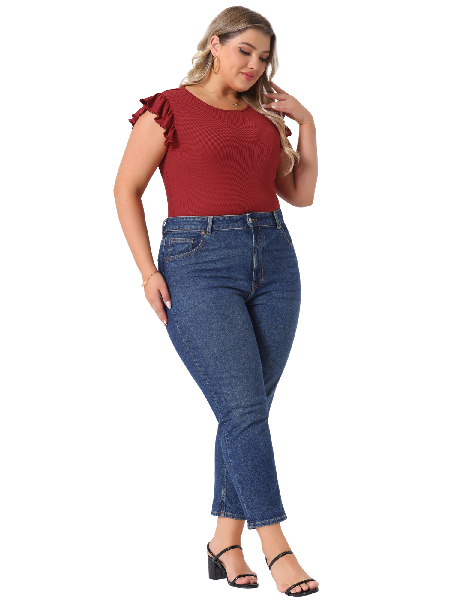 DARING DIVA Women's Plus Ruffle Sleeveless Slim Fit Stretchy Bodysuit 4X Red