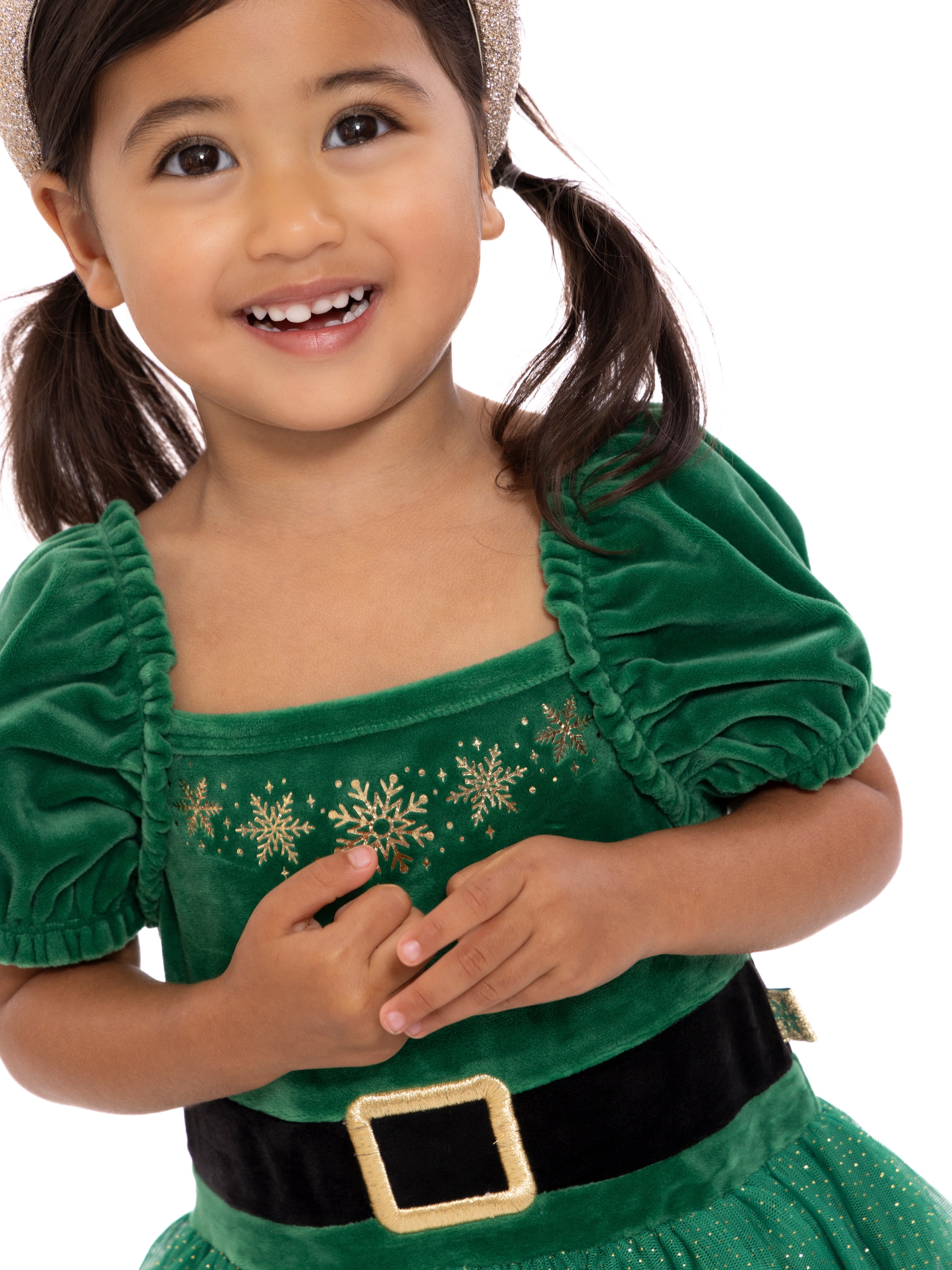 Holiday Time Toddler Girls Elf Velour Cosplay Dress with Puff Sleeves, Sizes 12M-5T