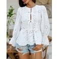 thumbnail image 2 of Women's Tie Front Peplum Blouses Puff Long Sleeve Babydoll Bow Shirts Hollow Out Eyelet Lace Tops, 2 of 7