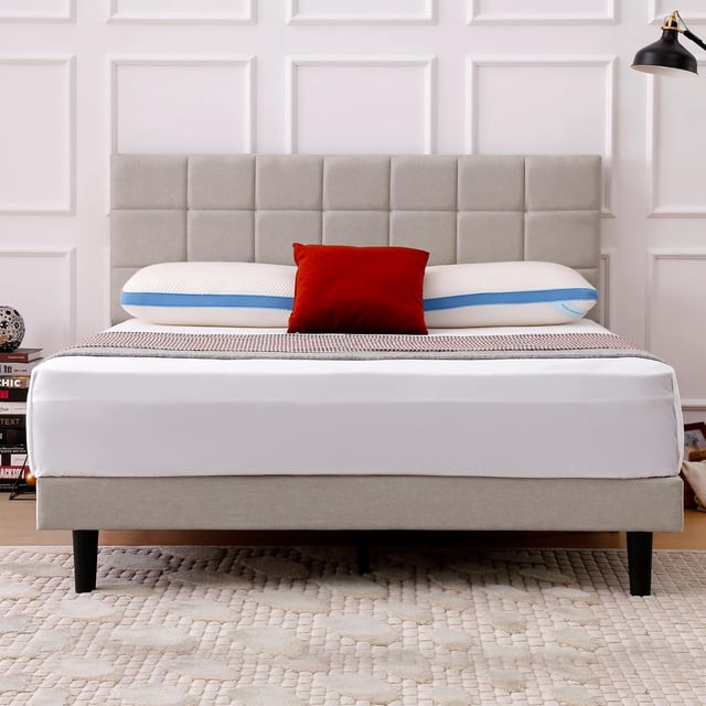 Base de Cama, Marco de Cama con Cabecera Acolchonada de Altura Ajustable y Tablillas de Madera Resistentes, Antideslizante (Beige, Matrimonial)