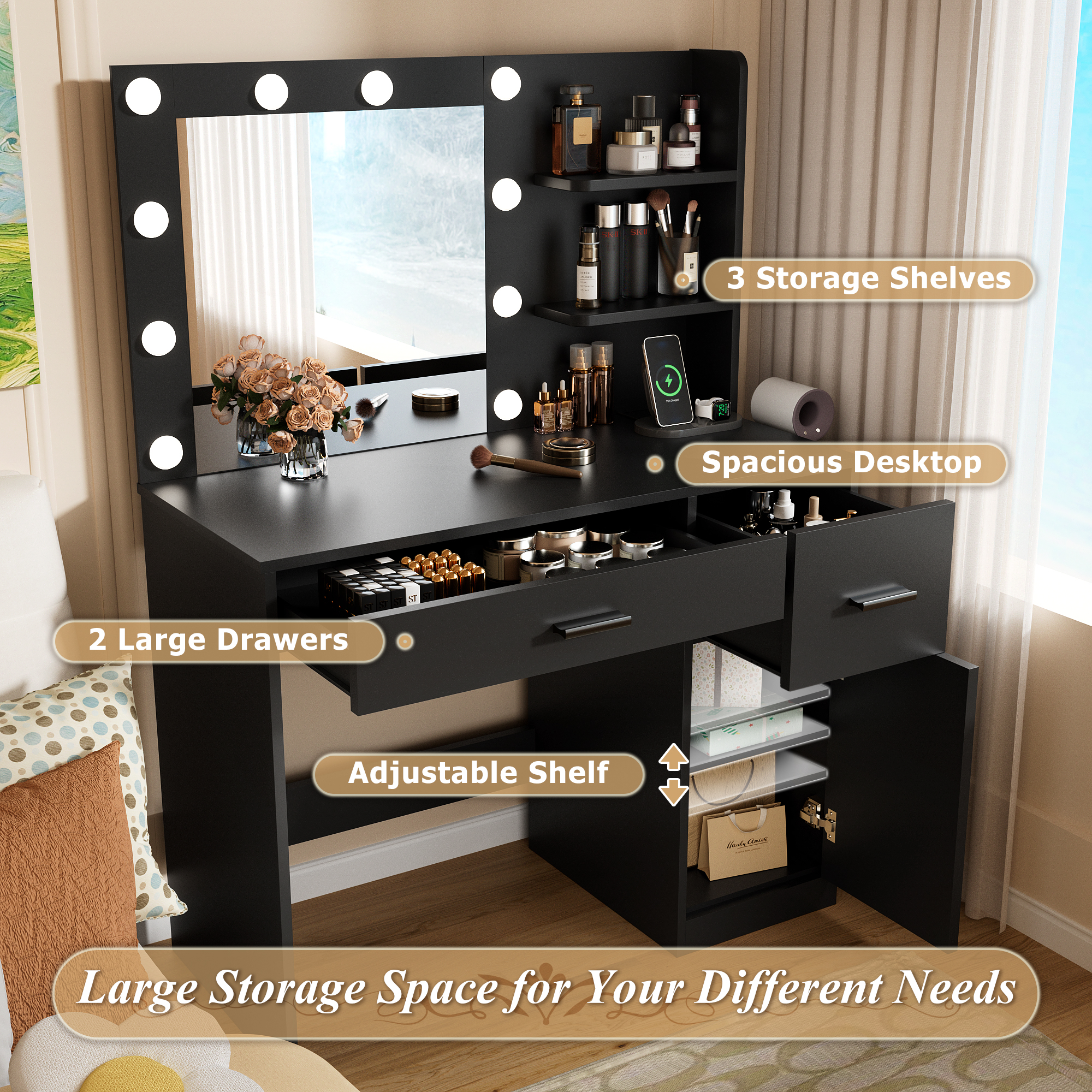 Homall Makeup Vanity Table with Lights, Mirror, Storage Cabinet, and Power Outlet for Bedroom and Dressing Room, Black
