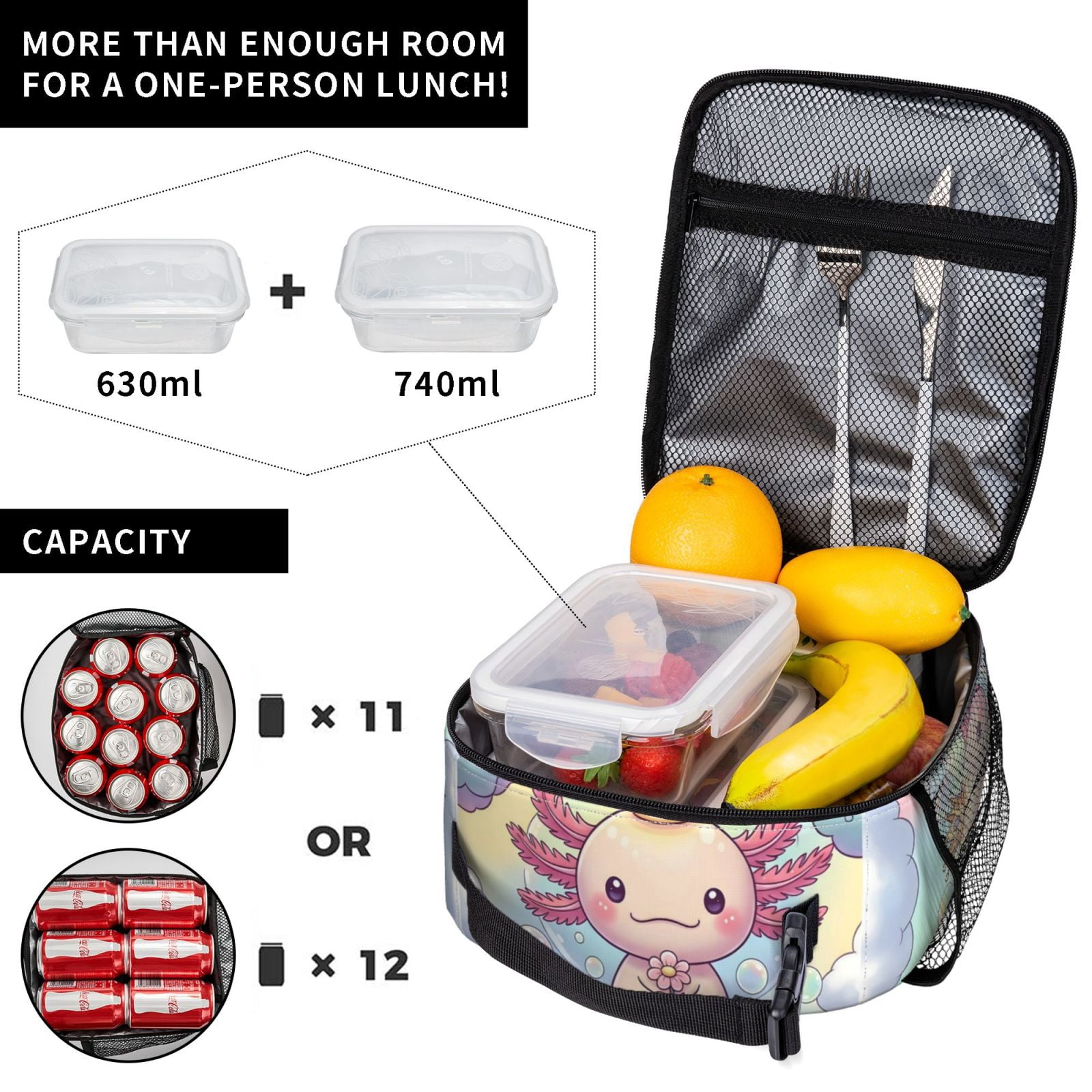 Lunch Bag For Women Men Insulated Portable Lunch Box Bento Box Office Picnic Travel Cooler Bag Cute Axolotl 2