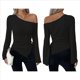 thumbnail image 3 of Top de Punto Ajustado con Hombros Descubiertos Y2K para Mujer, Top Asimétrico de Larga Acampanada Negro XL, 3 of 7