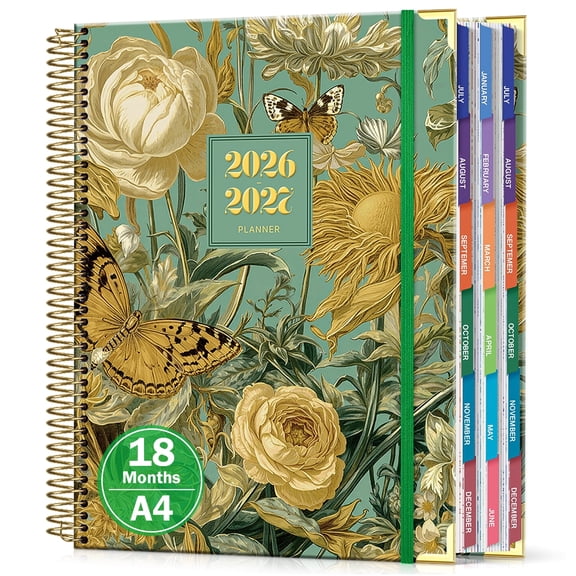 OMEYA Planner 2026 2027 Weekly & Monthly, A4 Floral Calendar Weekly Planner, July 2026-Dec 2027, Spiral Hardcover Planner with Colorful Monthly Tabs, 76 Stickers, Double-side Pocket