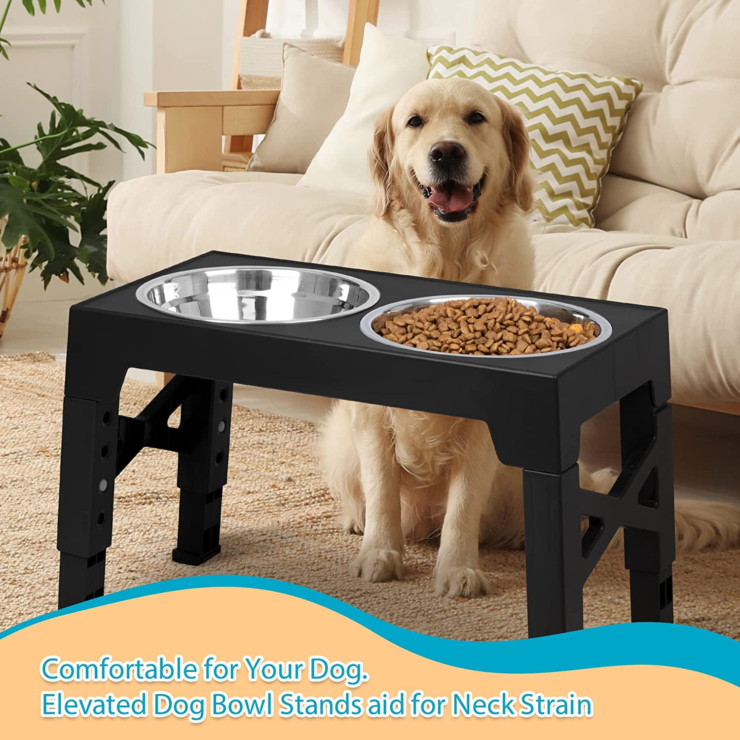 Elevated Dog Bowls with 2 Stainless Steel Dog Food Bowls, Raised Dog Bowl Adjusts to 5 Heights (3.2", 8.7", 9.8",11.02", 12.2") for Small Medium and Large Dogs, Black