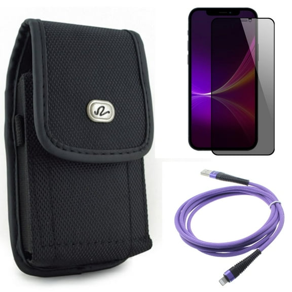 10ft USB Cable & Privacy Screen Protector & Case Belt Clip for iPhone 13 Pro Max ONLY - Purple Charger Cord Power   Tempered Glass Curved Anti-Spy   Rugged Holster Canvas Combo