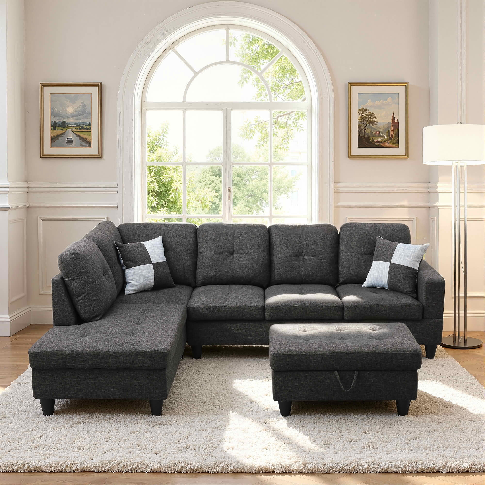 MAYEERTY 103.5" Black Gray Flannel & Faux Leather L-Shaped Sectional Sofa, 3 Piece Tufted Corner Couch with Storage Ottoman Solid Wood Frame