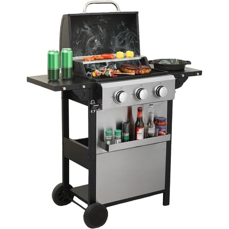 JESTOP 3-Burner Propane Gas BBQ Grill, 25650BTU Output With Wire Enamel Cooking Grids For Outdoor Barbecue, Foldable Side Table, Stainless Steel