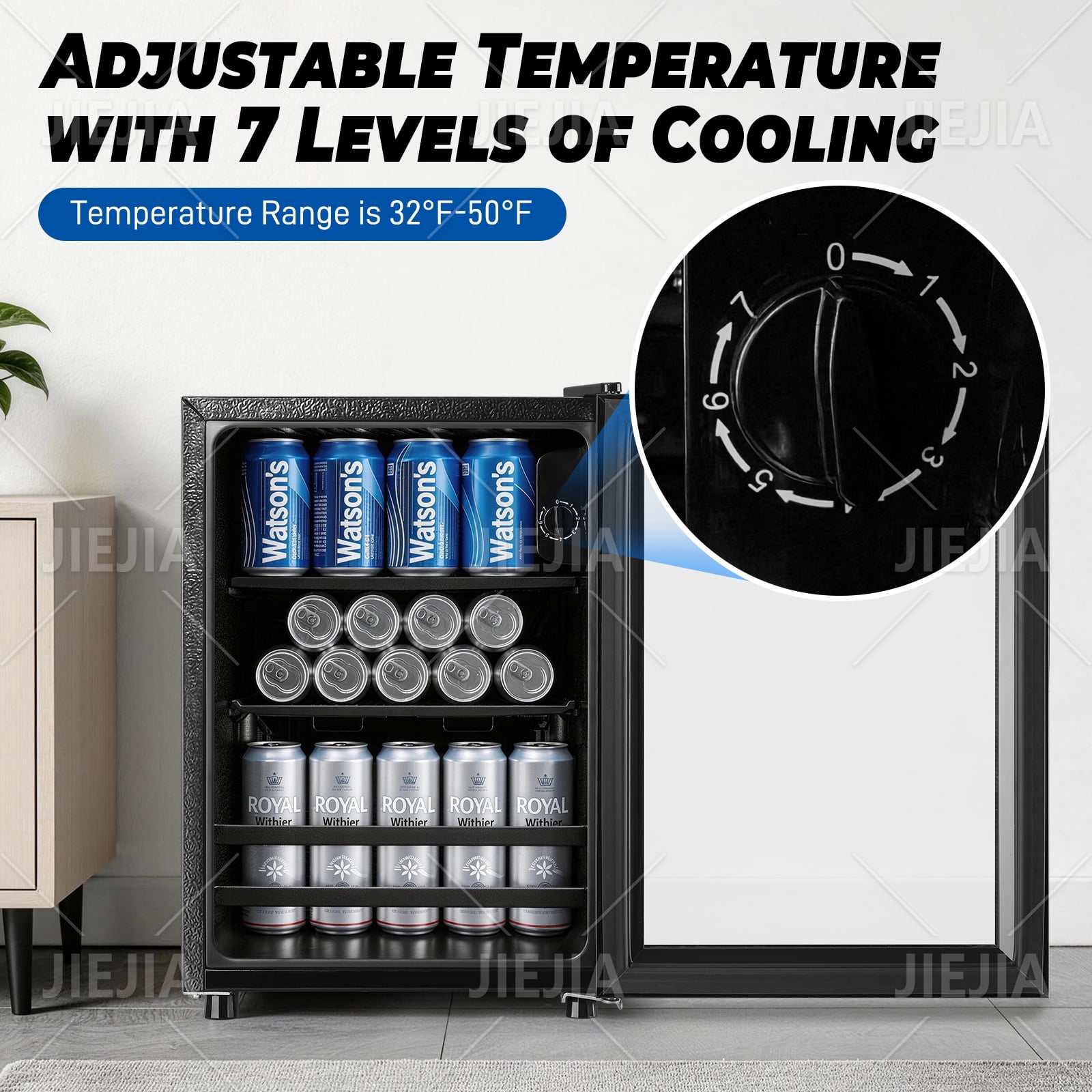 JIEJIA 50 Can Mini Fridge and 1.4 Cu.ft Beverage Cooler Refrigerator with Glass Door for Home, Office