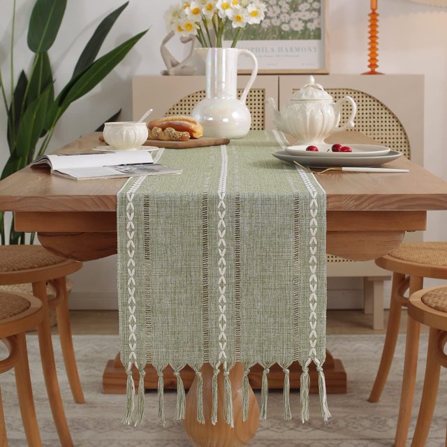 XINQIHANG Farmhouse Table Runner Rustic Style 13\u201c x 48\u201d, Braided Striped Linen Fall Table Runner 48 Inches Long with Tassels for Dining Room Kitchen Reading Dresser Décor,Green