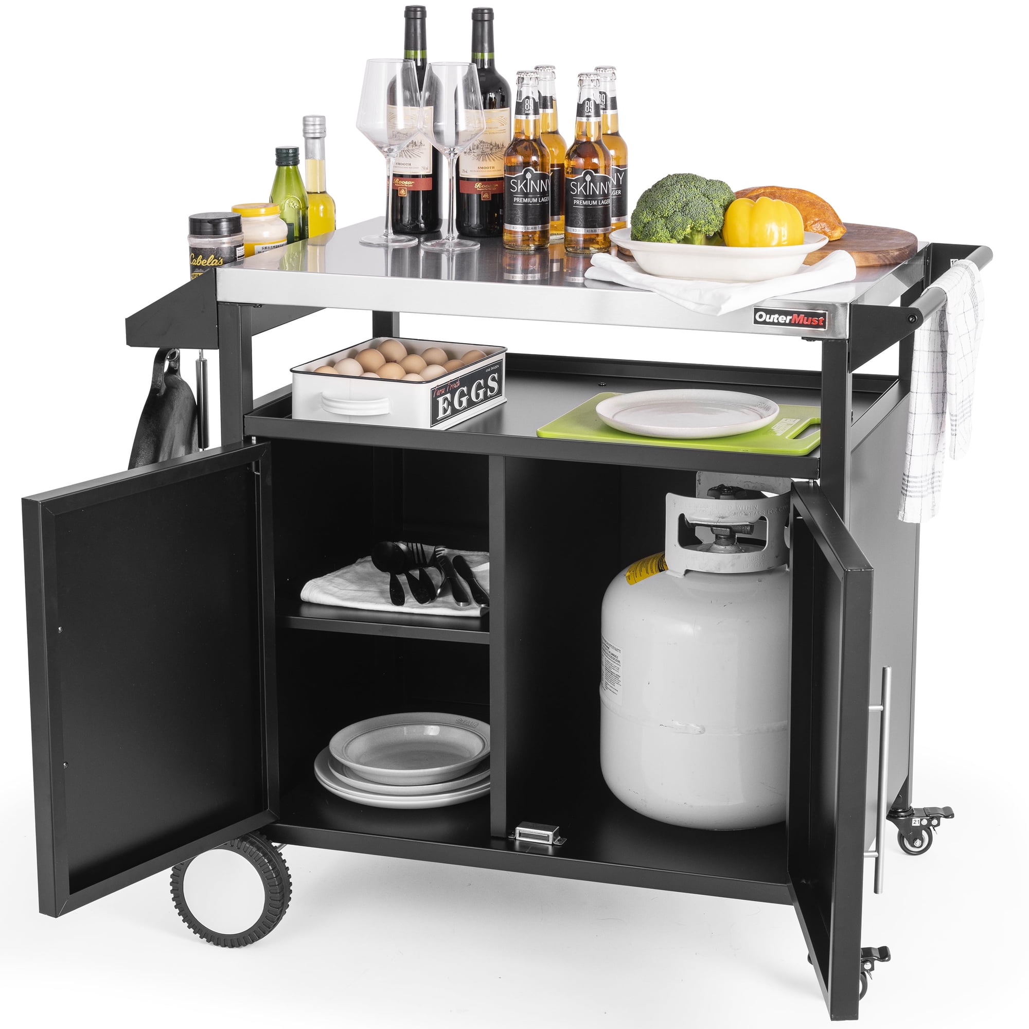 Outermust Grill Table Cart with Wheels Outdoor Kitchen Table Stainless Steel Top & Storage Cabinet for BBQ Food Prep Party