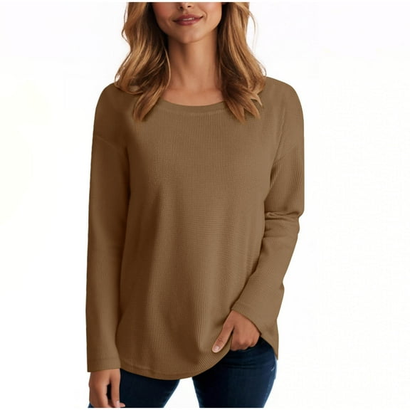 Fmbrln Womens Solid Lightweight Hoodless Sweatshirts Fall Winter Fashion Casual Long Sleeve Crew Neck Pullover Sweatshirts Loose Comfy Tops Khaki XL
