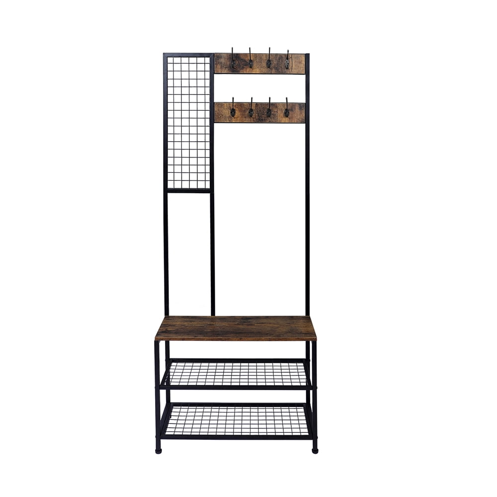 DRM 3 in 1 Industrial Coat Rack Shoe Bench Hall Tree Entryway with Storage Shelf Wood Look Accent Furniture with Metal Frame