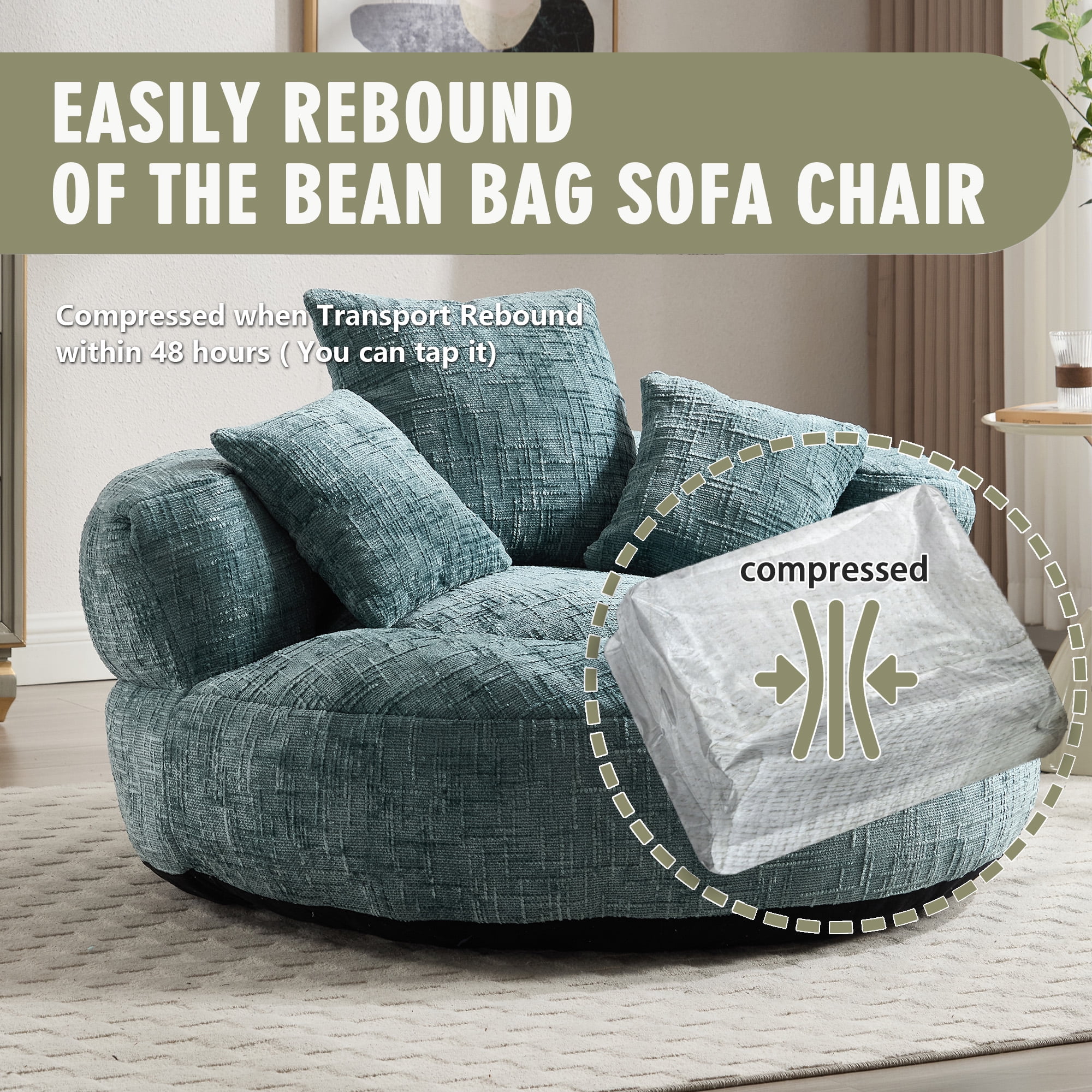 MOONMISS Chenille Upholstered Durable Comfort Lounger Bean Bag Lazy Sofa with Three Pillows-Teal