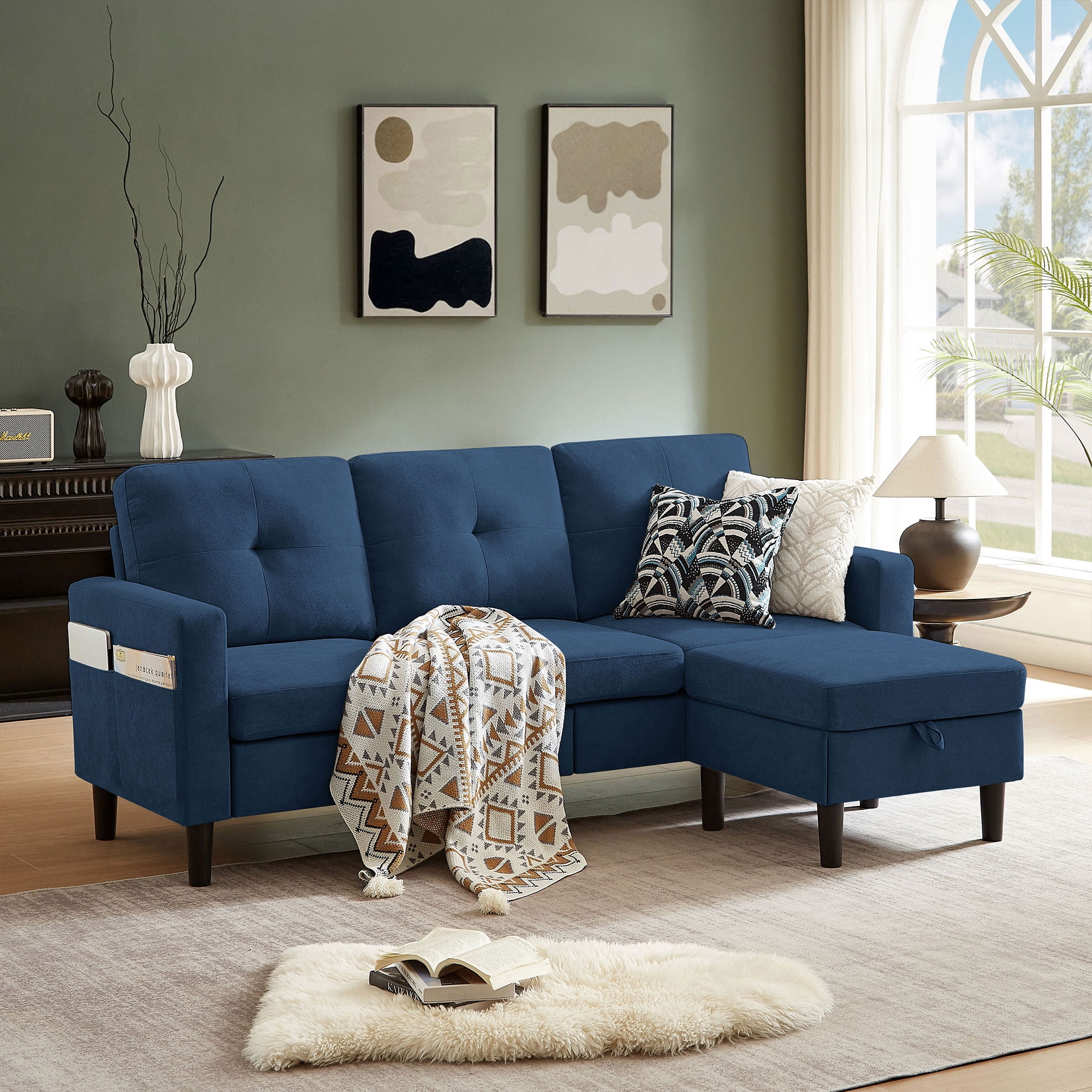 Pingliang Home Sectional Sofa with Storage Ottoman, Modern Couch with Footstool and Side Pockets,3 Seat L Shaped Couches for Living Room Apartment Office Studio