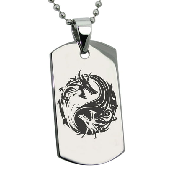 Tioneer Stainless Steel Tribal Dragon Yin Yang Engraved Dog Tag Pendant Necklace