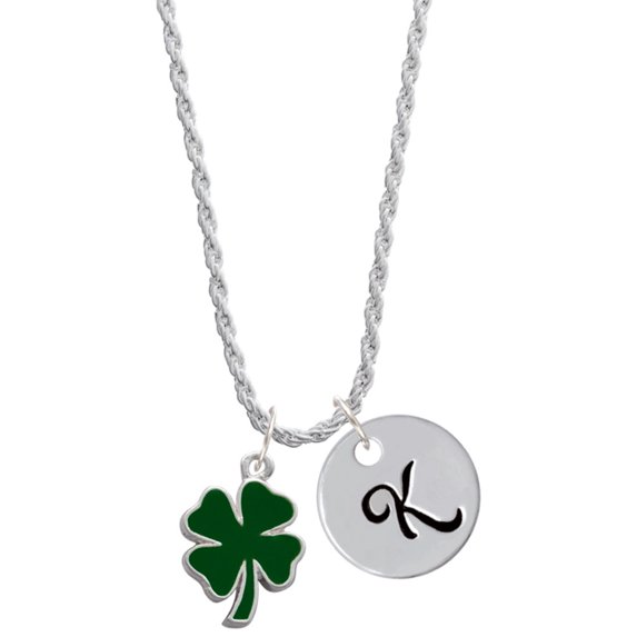 Delight Jewelry Silvertone Two Sided Green Enamel Lucky Four Leaf Clover Silvertone Script Initial Disc - K - Charm Necklace, 20"+3"