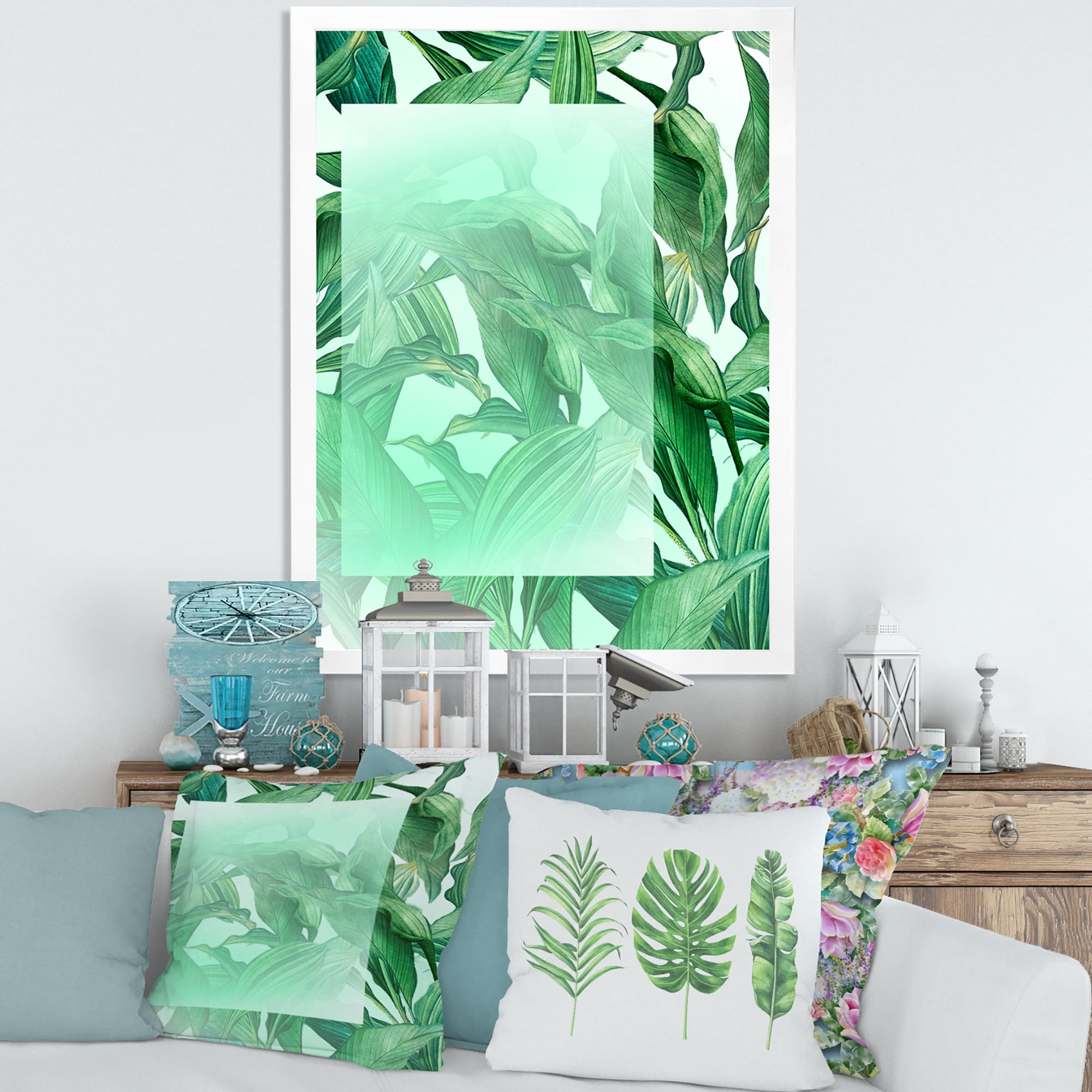 Designart 'Tropical Palm Green Leaves Under White Rectangle' Nautical & Coastal Framed Art Print