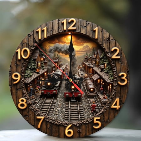 Vintage Train Station Wall Clock 2D Resin Clock 10-Inch Silent Wooden Wall Clock, Battery Operated (AA Batteries Not Included), Artistic Home Decor