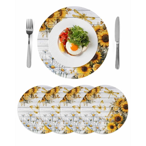 Farmhouse Sunflower Round 13 Inch Placemats Set of 4, Vintage Daisy Butterflies Gray Wood HeatResistant Non Slip Place Mats for Dining Table, Wipeable Braided Kitchen Table Mats for Housewarming